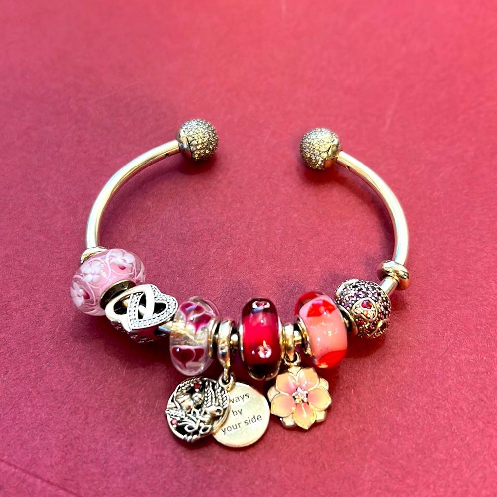 Red and Pink Themed Pandora Bangle Bracelet.